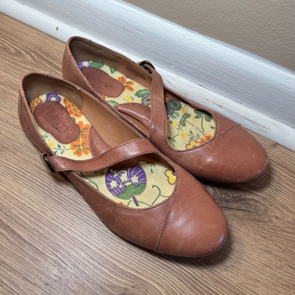 Born Leather Mary Jane Flats Tan Brown 8 Boho Bohemian Granola Cottagecore Shoes - Picture 2 of 7